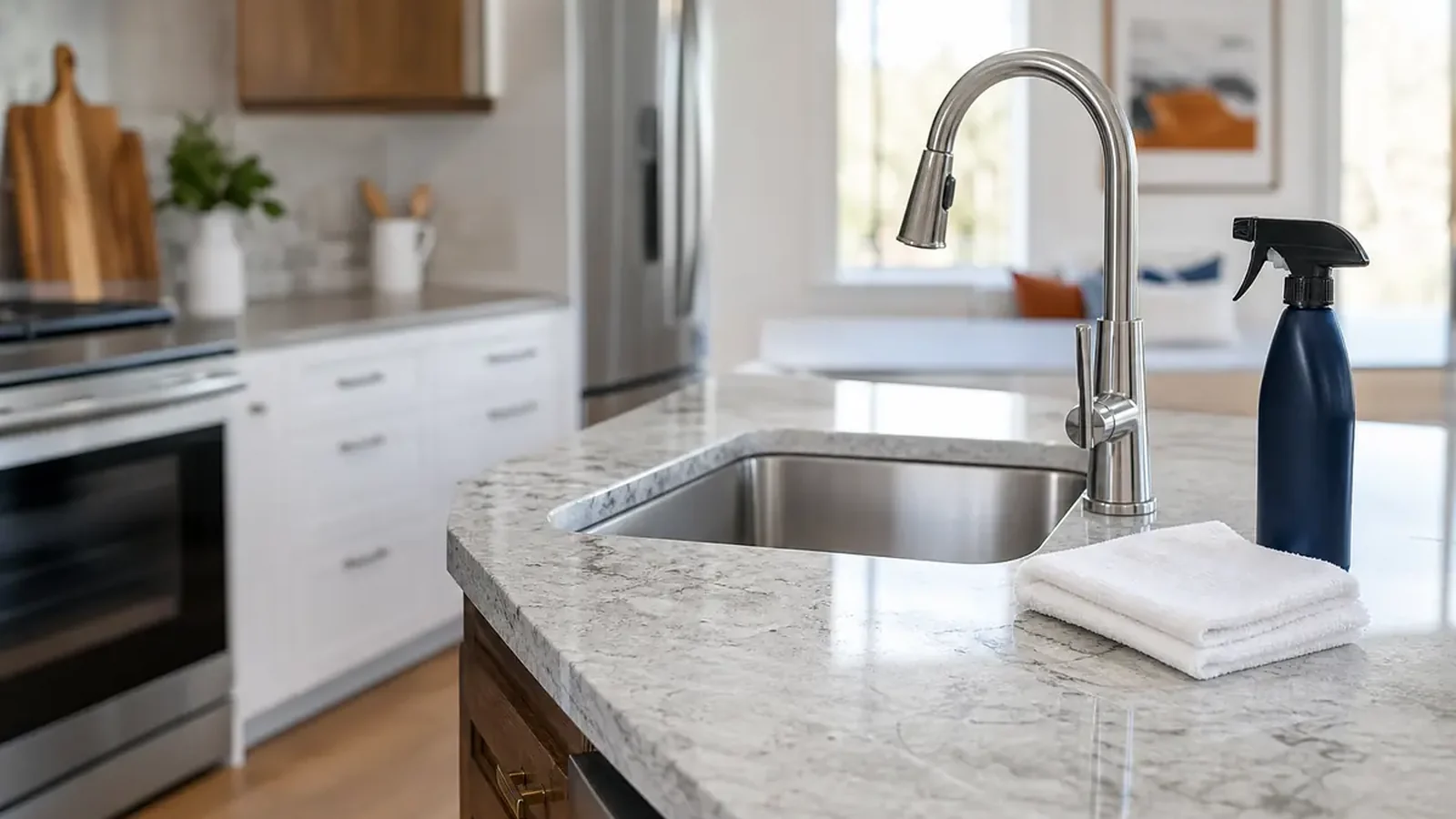 Clean kitchen counter with spray bottle and folded cloths, representing cleaning services marketing across Florida