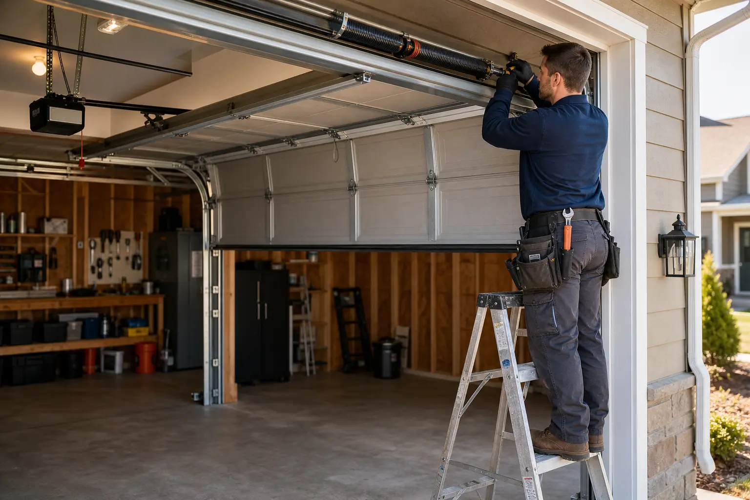 Garage door technician installing a new overhead door panel in South Florida