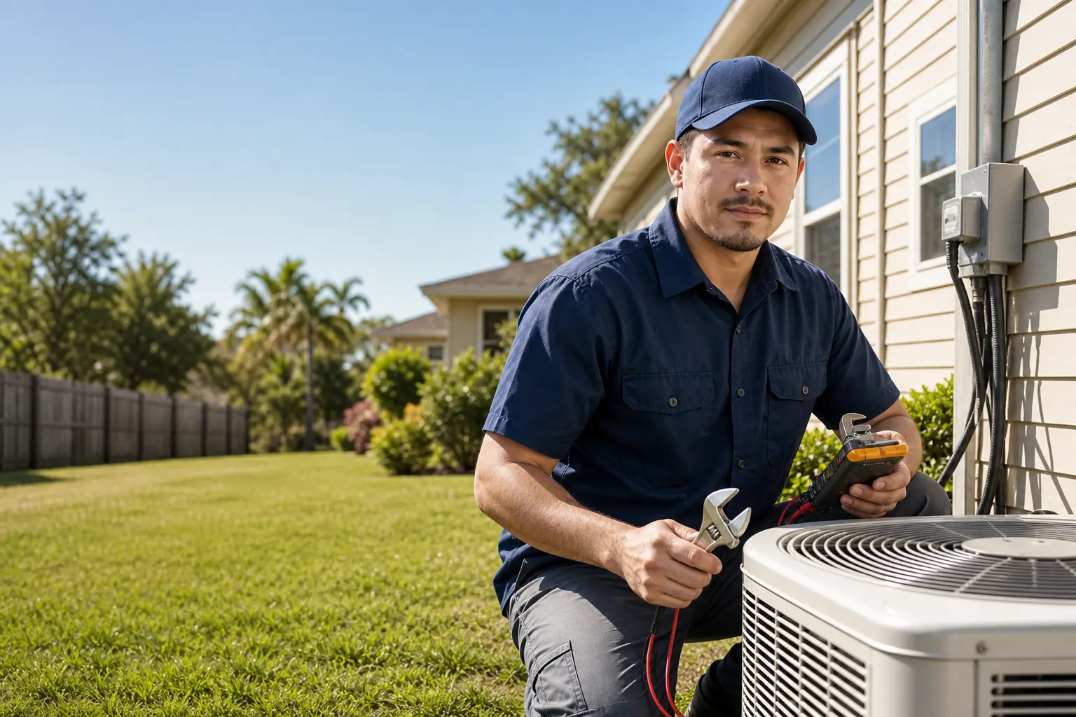 HVAC technician servicing an outdoor AC condenser unit - Kendall, FL