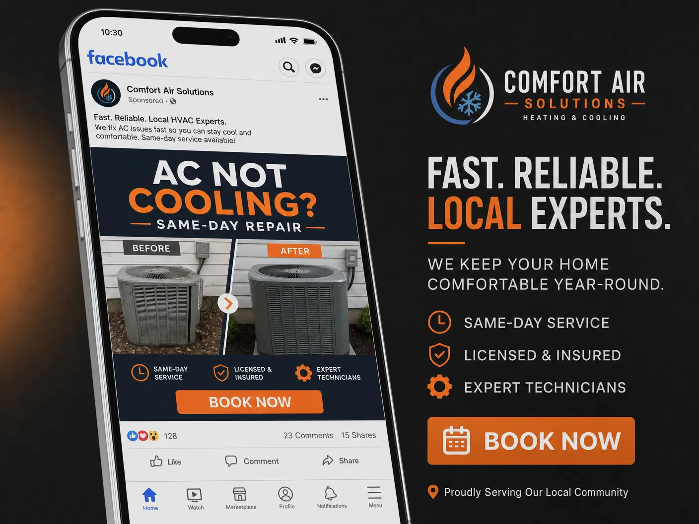 Example of a high-performing Facebook ad creative for an HVAC service business, showing a before-and-after AC installation with a clear Book Now call-to-action and engagement metrics