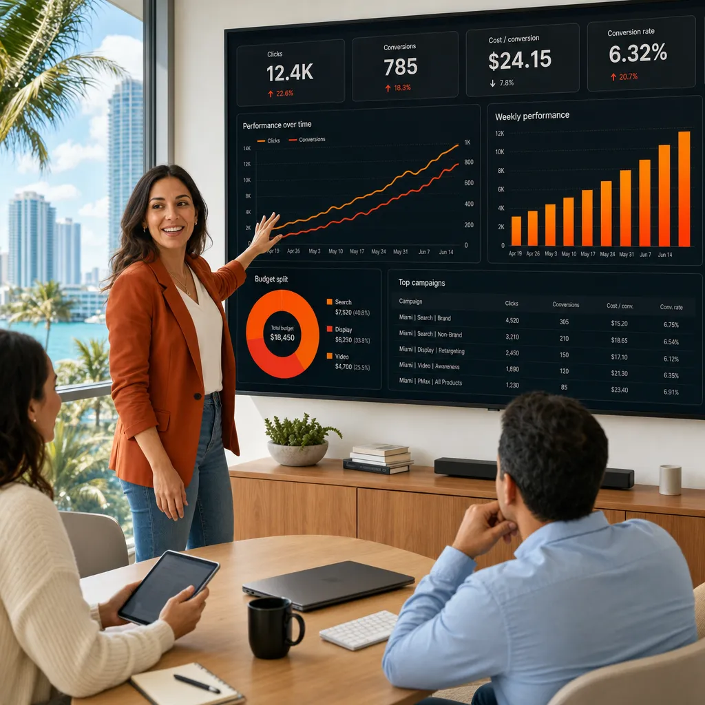 Roxfire marketing team reviewing a live Google Ads performance dashboard in their Miami office