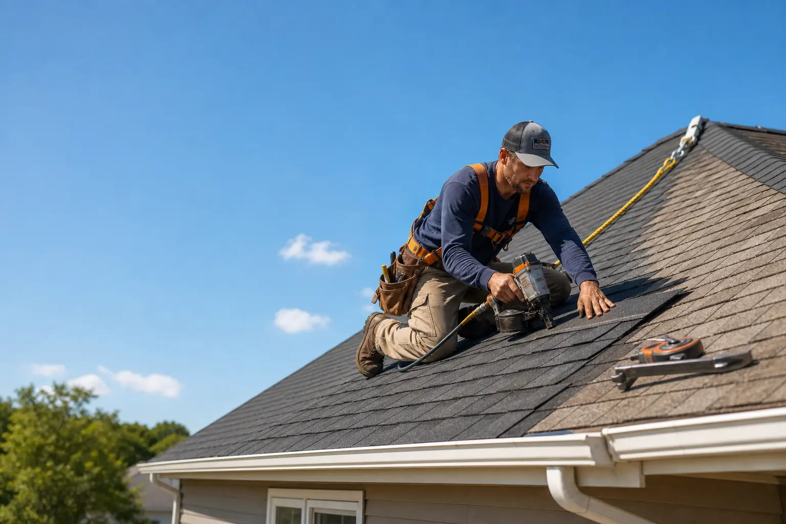 Roofing contractor installing shingles on a residential roof - Jacksonville, FL